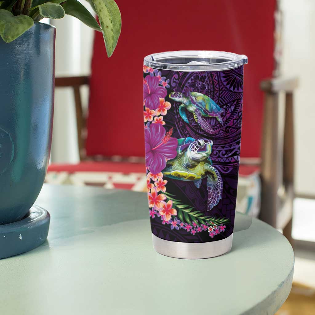 Hawaiian Plumeria and Hibiscus with Turtles Tumbler Cup Polynesian Art Purple Color - Polynesian Pride