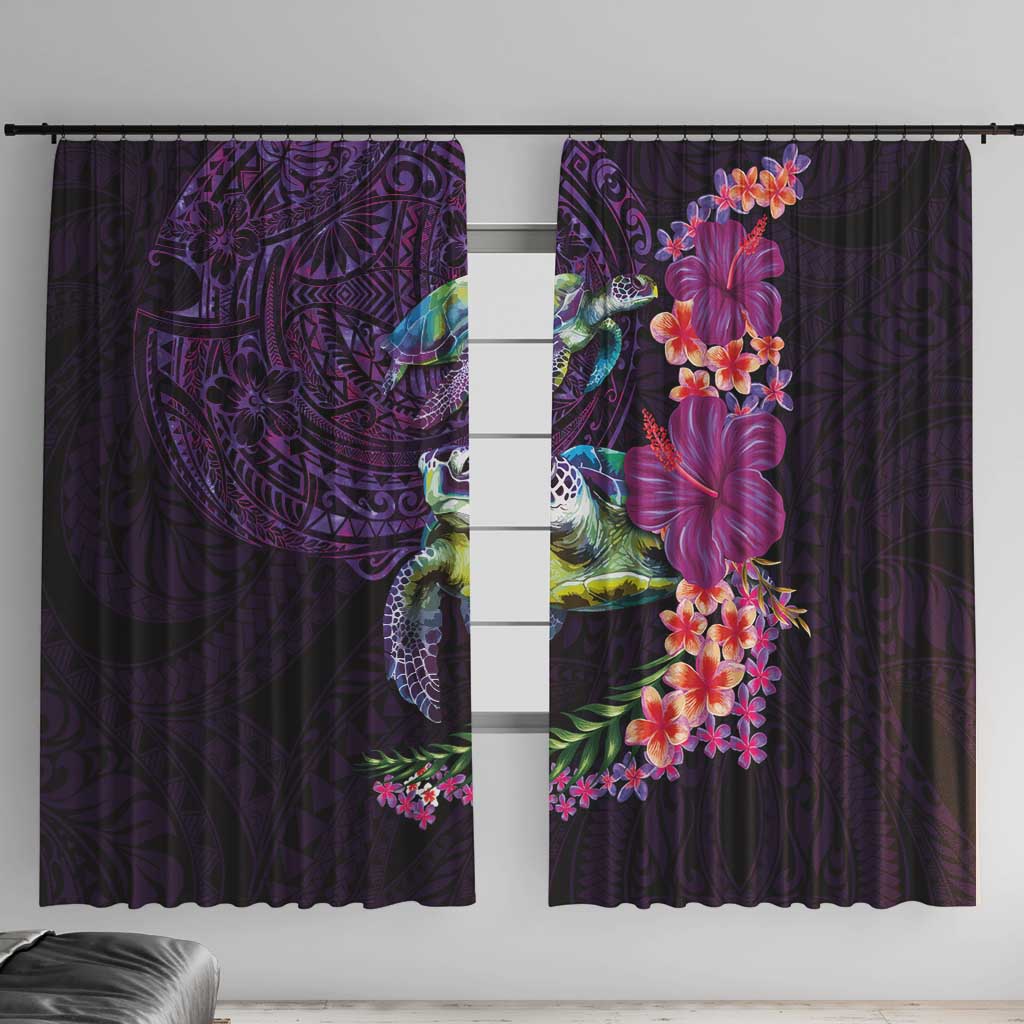 Hawaiian Plumeria and Hibiscus with Turtles Window Curtain Polynesian Art Purple Color - Polynesian Pride