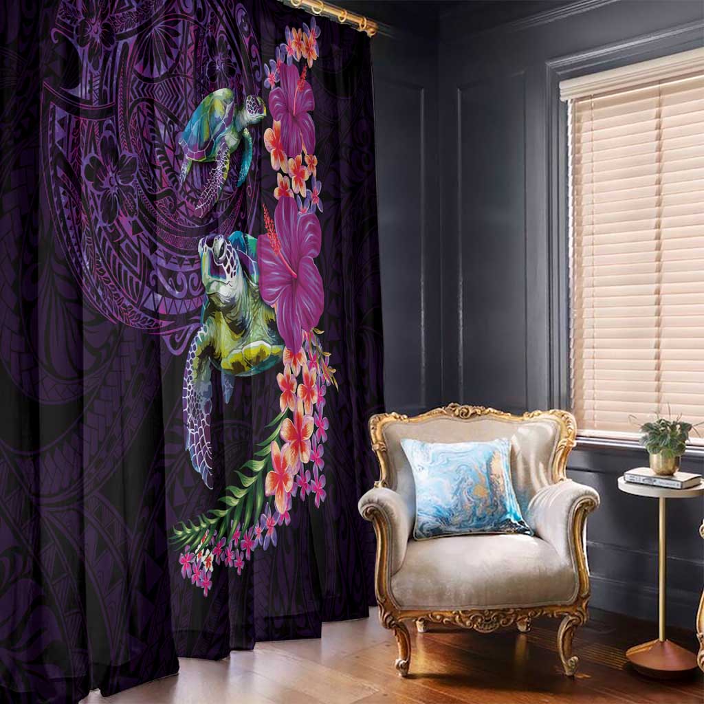 Hawaiian Plumeria and Hibiscus with Turtles Window Curtain Polynesian Art Purple Color - Polynesian Pride