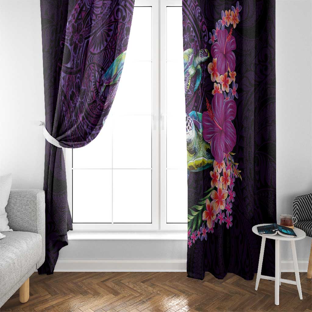 Hawaiian Plumeria and Hibiscus with Turtles Window Curtain Polynesian Art Purple Color - Polynesian Pride