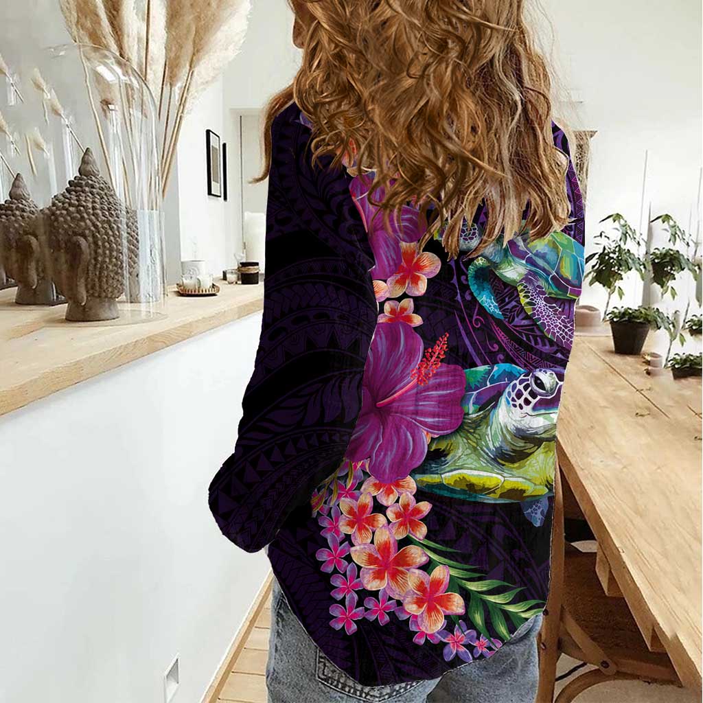 Hawaiian Plumeria and Hibiscus with Turtles Women Casual Shirt Polynesian Art Purple Color LT03 - Polynesian Pride