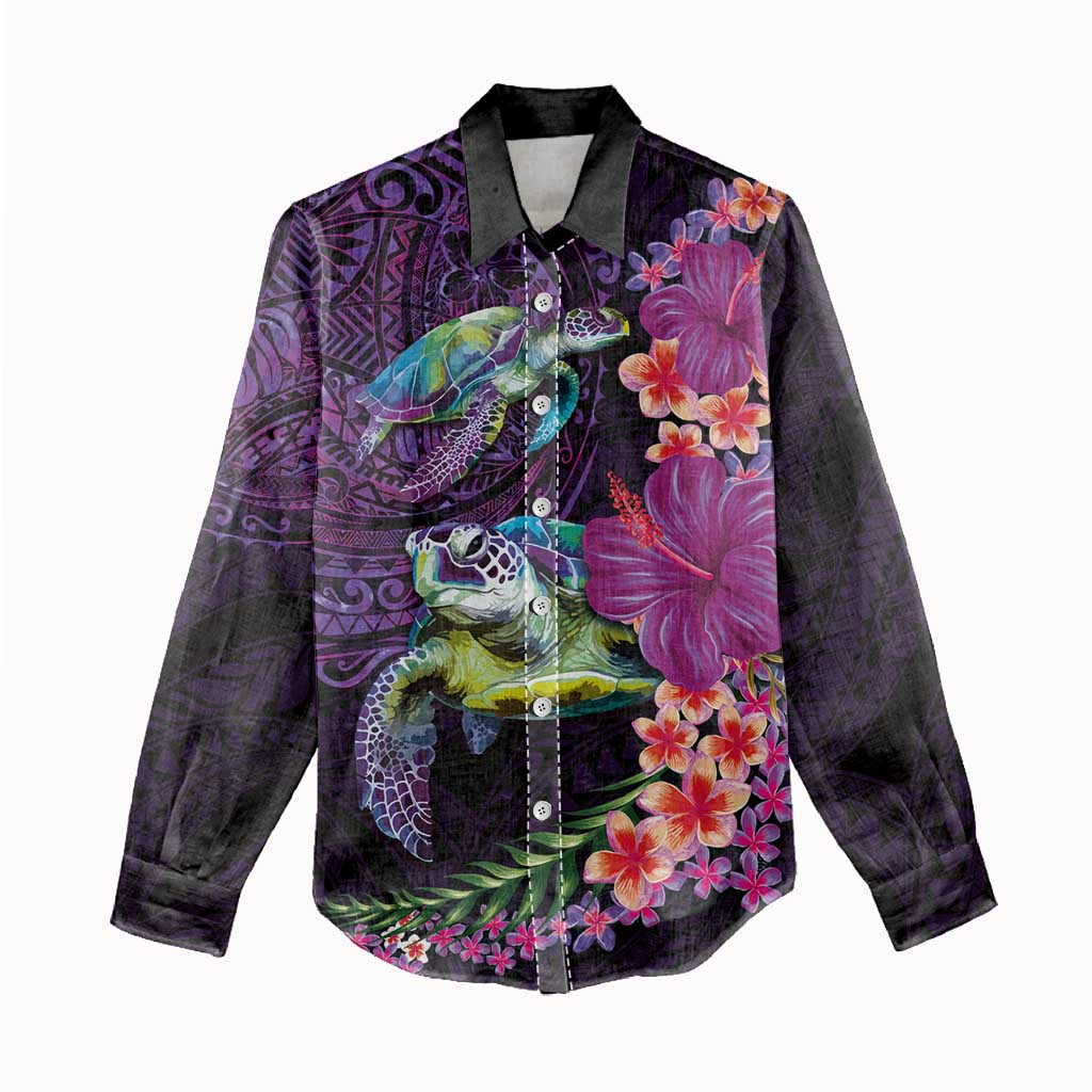 Hawaiian Plumeria and Hibiscus with Turtles Women Casual Shirt Polynesian Art Purple Color LT03 - Polynesian Pride