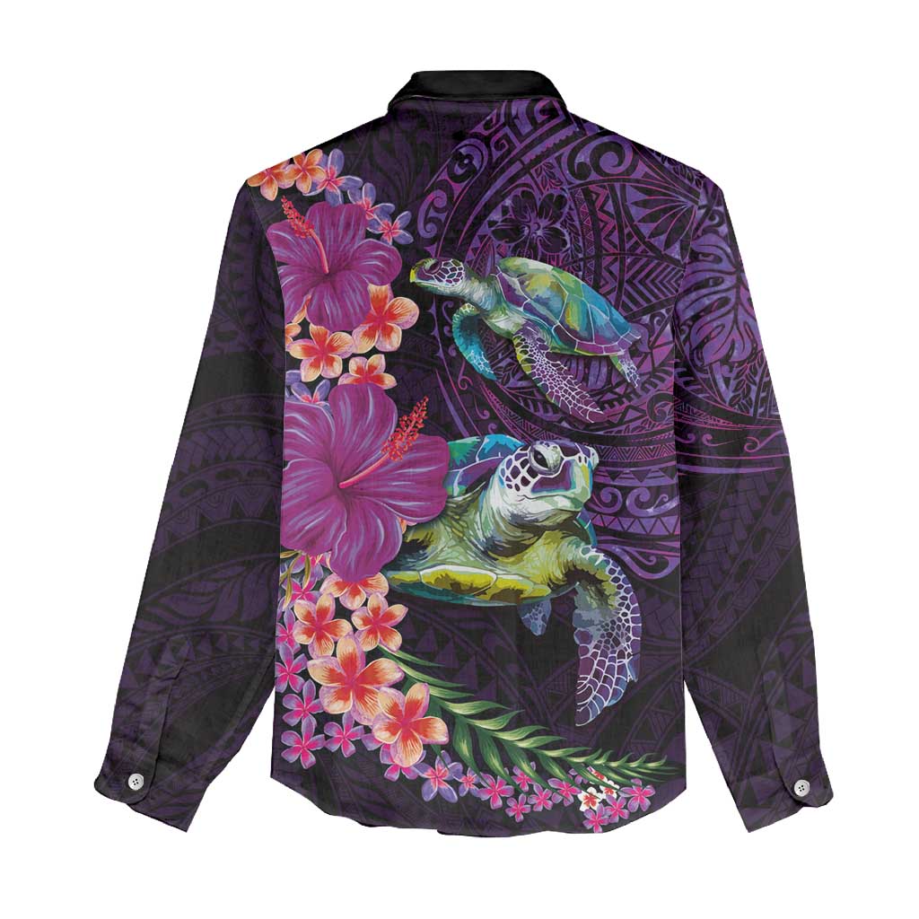 Hawaiian Plumeria and Hibiscus with Turtles Women Casual Shirt Polynesian Art Purple Color LT03 - Polynesian Pride