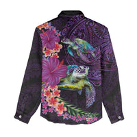 Hawaiian Plumeria and Hibiscus with Turtles Women Casual Shirt Polynesian Art Purple Color LT03 - Polynesian Pride
