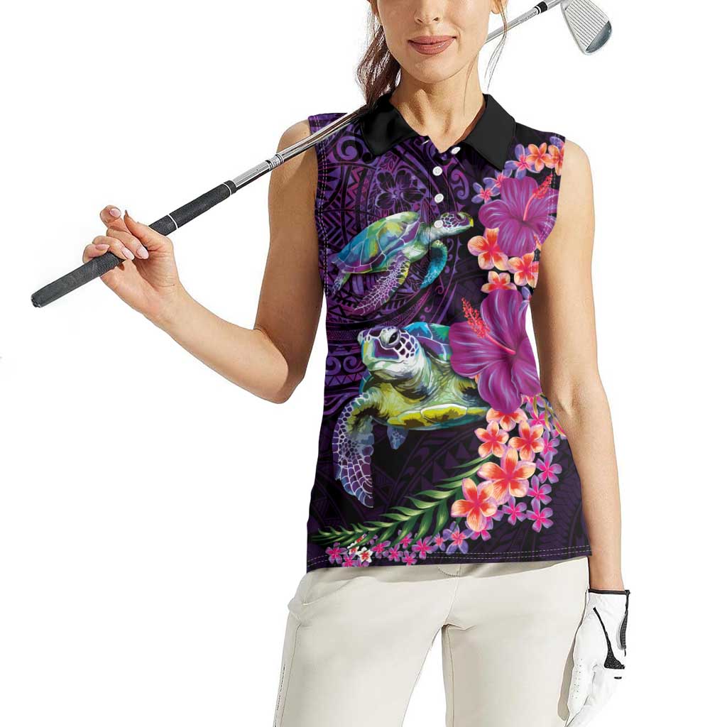 Hawaiian Plumeria and Hibiscus with Turtles Women Sleeveless Polo Shirt Polynesian Art Purple Color - Polynesian Pride