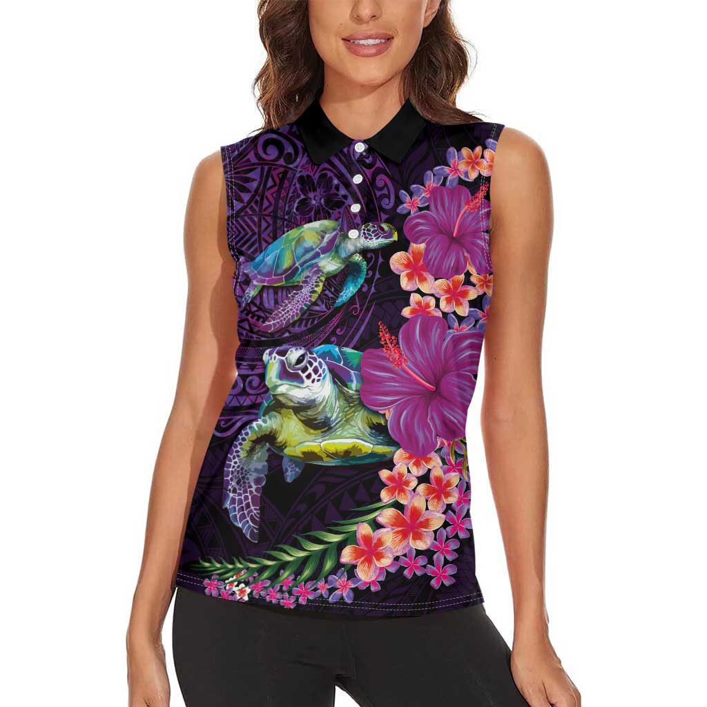 Hawaiian Plumeria and Hibiscus with Turtles Women Sleeveless Polo Shirt Polynesian Art Purple Color - Polynesian Pride
