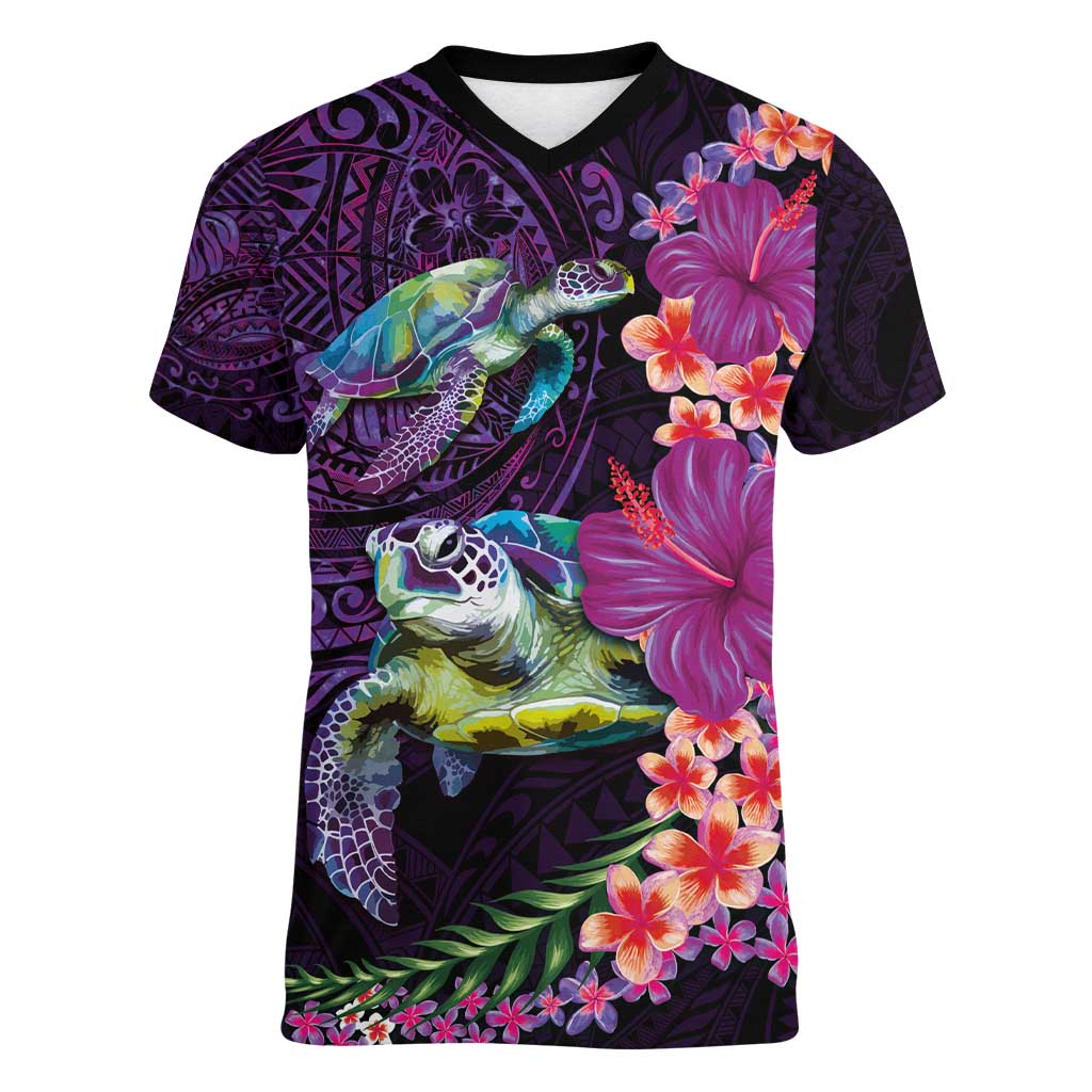 Hawaiian Plumeria and Hibiscus with Turtles Women V-Neck T-Shirt Polynesian Art Purple Color - Polynesian Pride