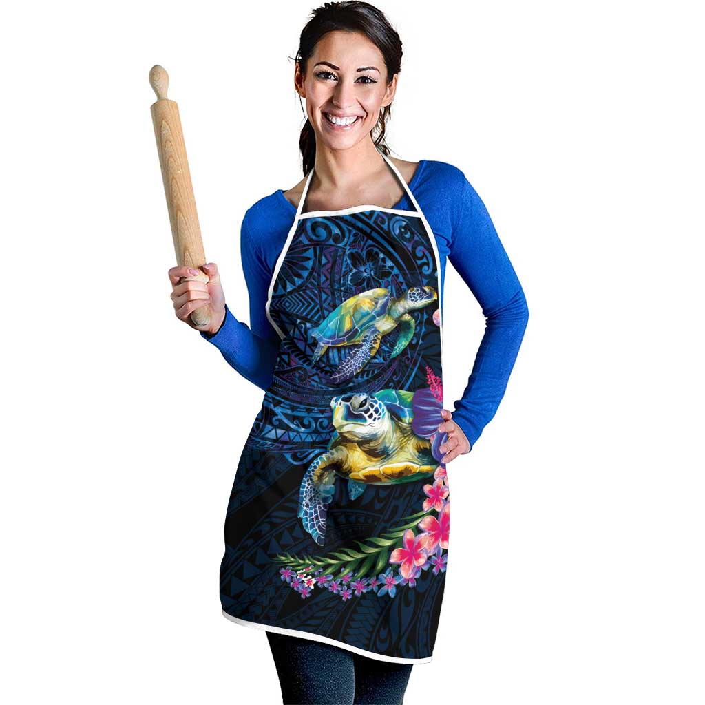 Hawaiian Plumeria and Hibiscus with Turtles Apron Polynesian Art Dark Cyan Color - Polynesian Pride