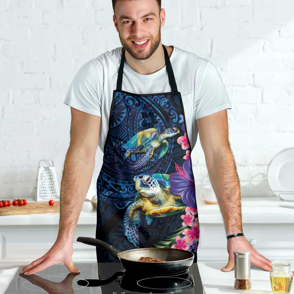 Hawaiian Plumeria and Hibiscus with Turtles Apron Polynesian Art Dark Cyan Color - Polynesian Pride