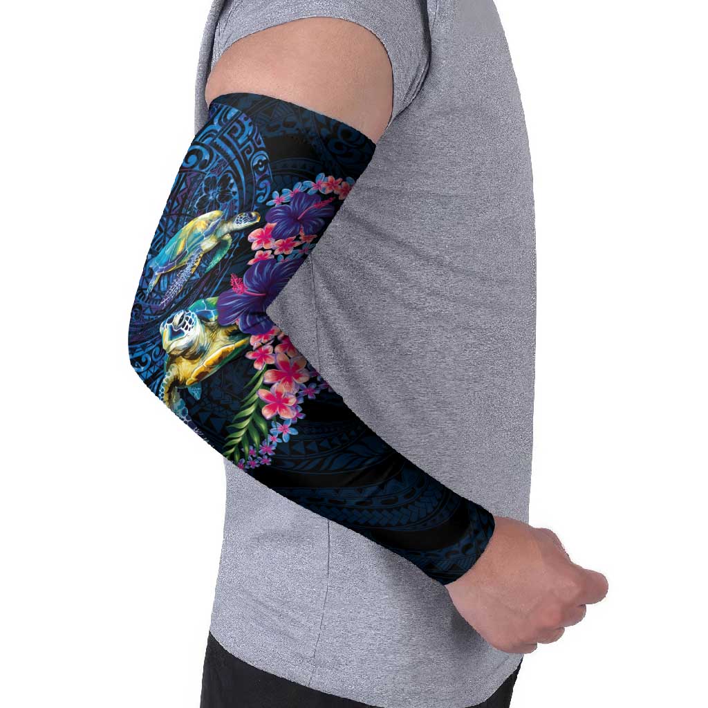 Hawaiian Plumeria and Hibiscus with Turtles Arm Sleeves Polynesian Art Dark Cyan Color - Polynesian Pride