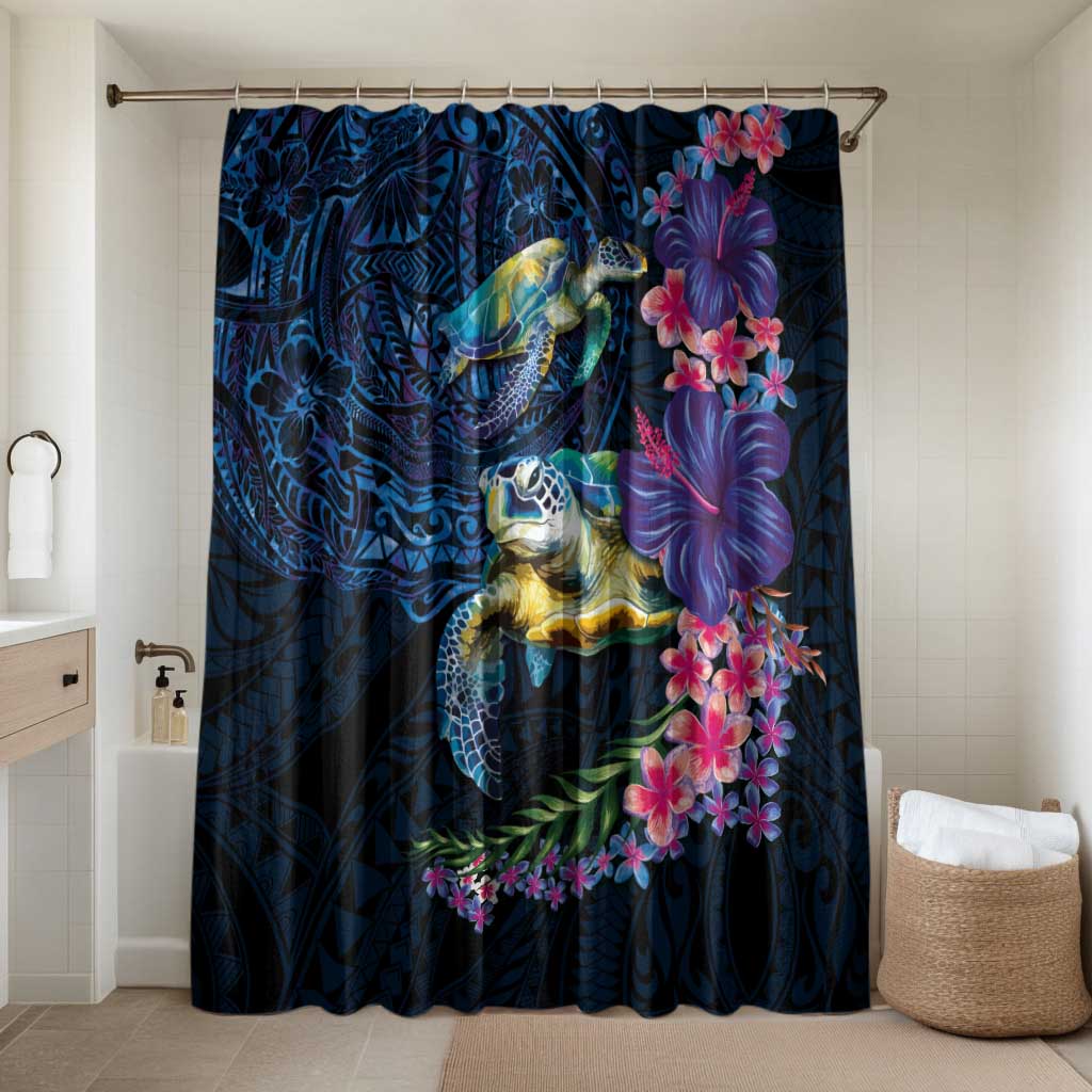 Hawaiian Plumeria and Hibiscus with Turtles Bathroom Set Polynesian Art Dark Cyan Color - Polynesian Pride