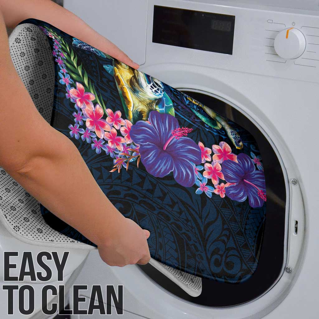 Hawaiian Plumeria and Hibiscus with Turtles Bathroom Set Polynesian Art Dark Cyan Color - Polynesian Pride