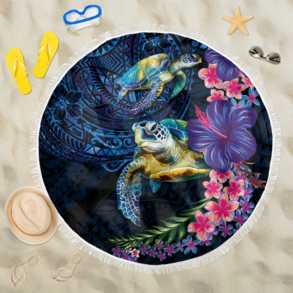 Hawaiian Plumeria and Hibiscus with Turtles Beach Blanket Polynesian Art Dark Cyan Color - Polynesian Pride