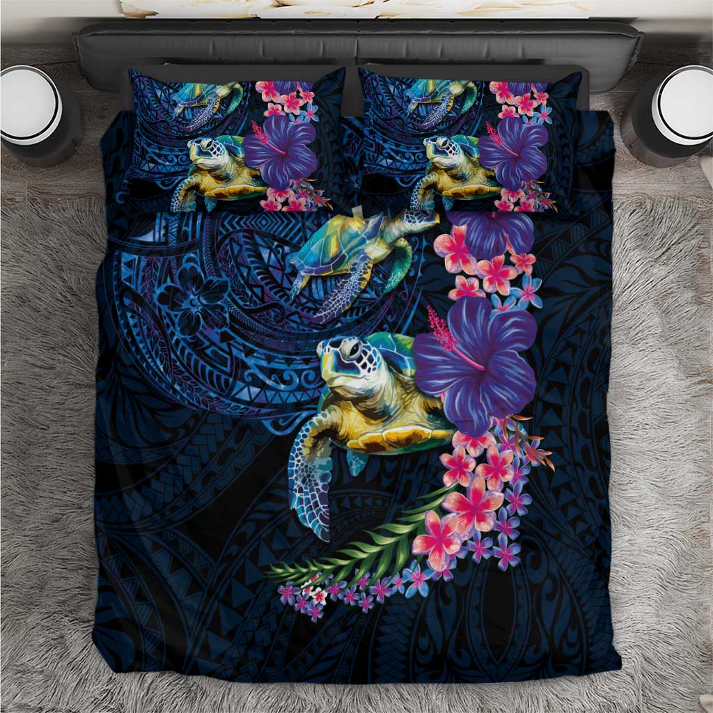 Hawaiian Plumeria and Hibiscus with Turtles Bedding Set Polynesian Art Dark Cyan Color - Polynesian Pride