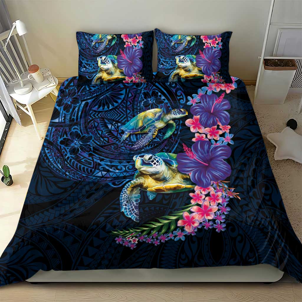 Hawaiian Plumeria and Hibiscus with Turtles Bedding Set Polynesian Art Dark Cyan Color - Polynesian Pride