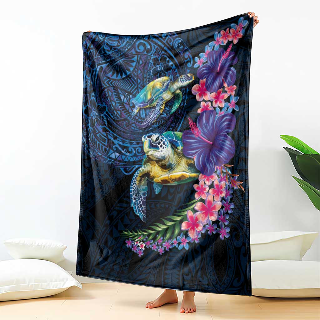 Hawaiian Plumeria and Hibiscus with Turtles Blanket Polynesian Art Dark Cyan Color - Polynesian Pride