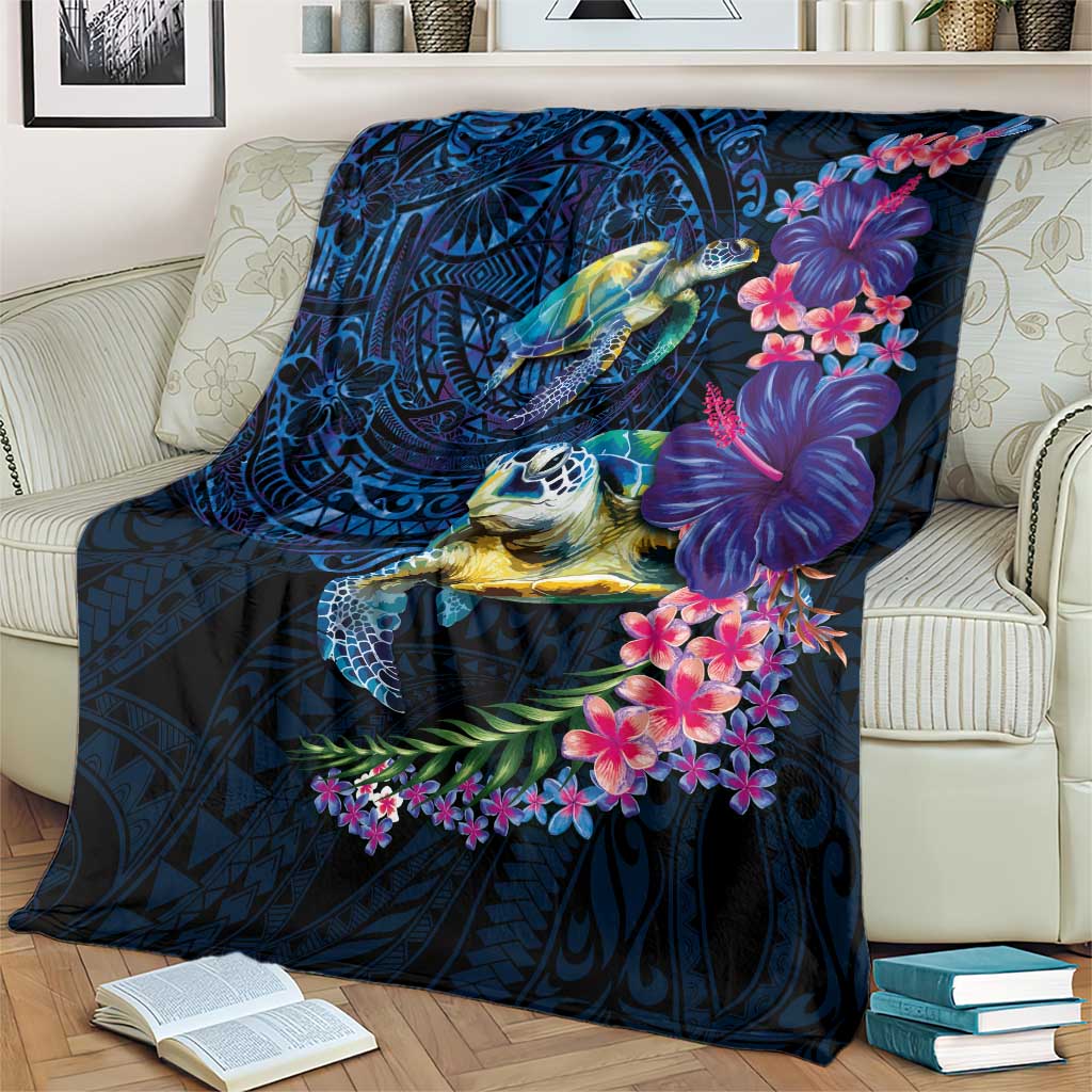 Hawaiian Plumeria and Hibiscus with Turtles Blanket Polynesian Art Dark Cyan Color - Polynesian Pride