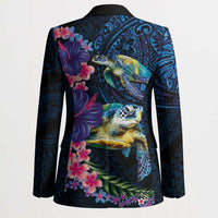 Hawaiian Plumeria and Hibiscus with Turtles Blazer Polynesian Art Dark Cyan Color - Polynesian Pride