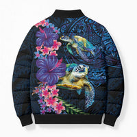 Hawaiian Plumeria and Hibiscus with Turtles Bomber Puffer Jacket Polynesian Art Dark Cyan Color - Polynesian Pride