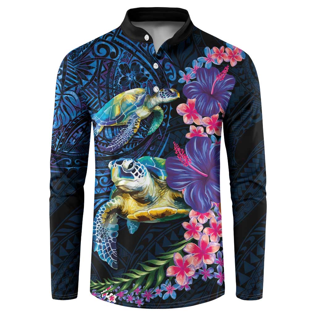 Hawaiian Plumeria and Hibiscus with Turtles Button Sweatshirt Polynesian Art Dark Cyan Color - Polynesian Pride