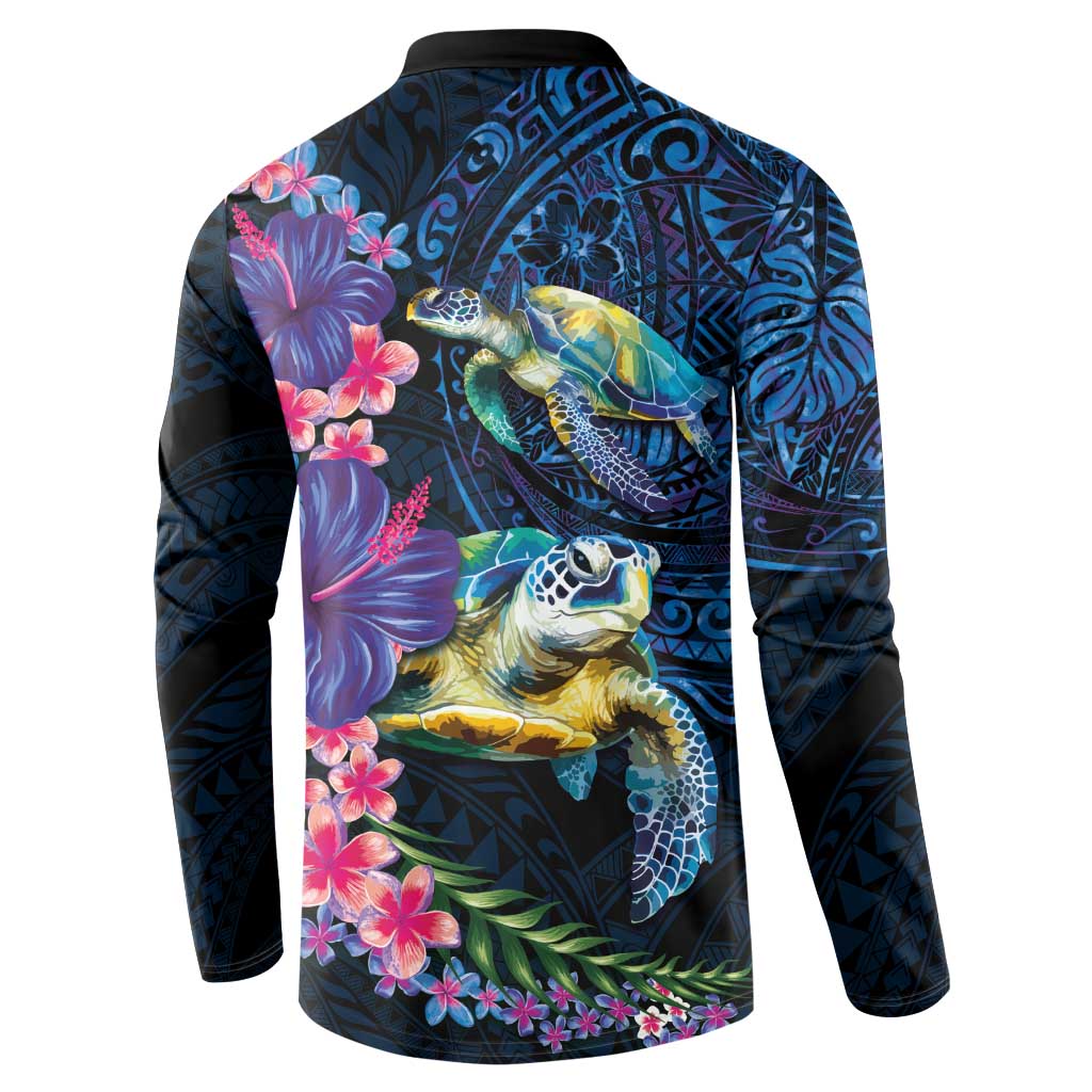 Hawaiian Plumeria and Hibiscus with Turtles Button Sweatshirt Polynesian Art Dark Cyan Color - Polynesian Pride