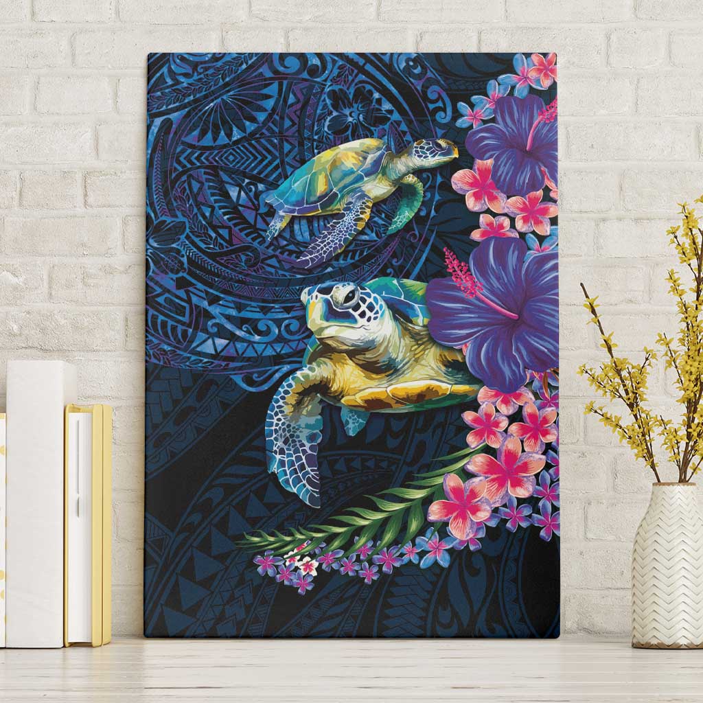 Hawaiian Plumeria and Hibiscus with Turtles Canvas Wall Art Polynesian Art Dark Cyan Color - Polynesian Pride