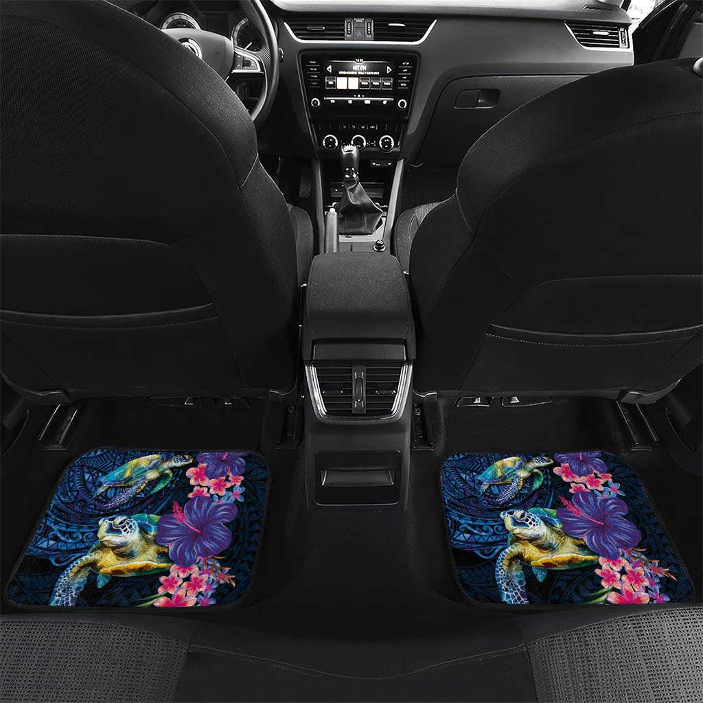 Hawaiian Plumeria and Hibiscus with Turtles Car Mats Polynesian Art Dark Cyan Color - Polynesian Pride