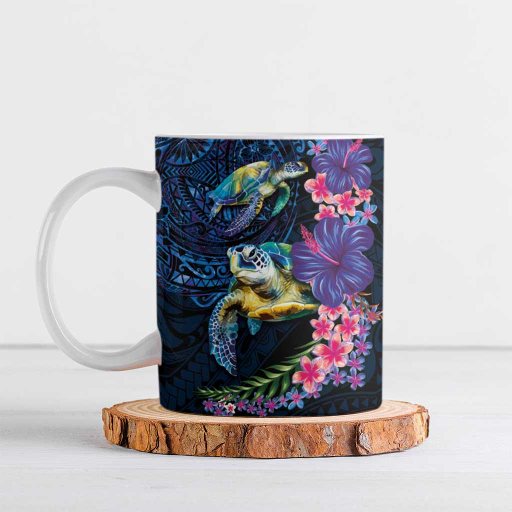 Hawaiian Plumeria and Hibiscus with Turtles Ceramic Mug Polynesian Art Dark Cyan Color - Polynesian Pride