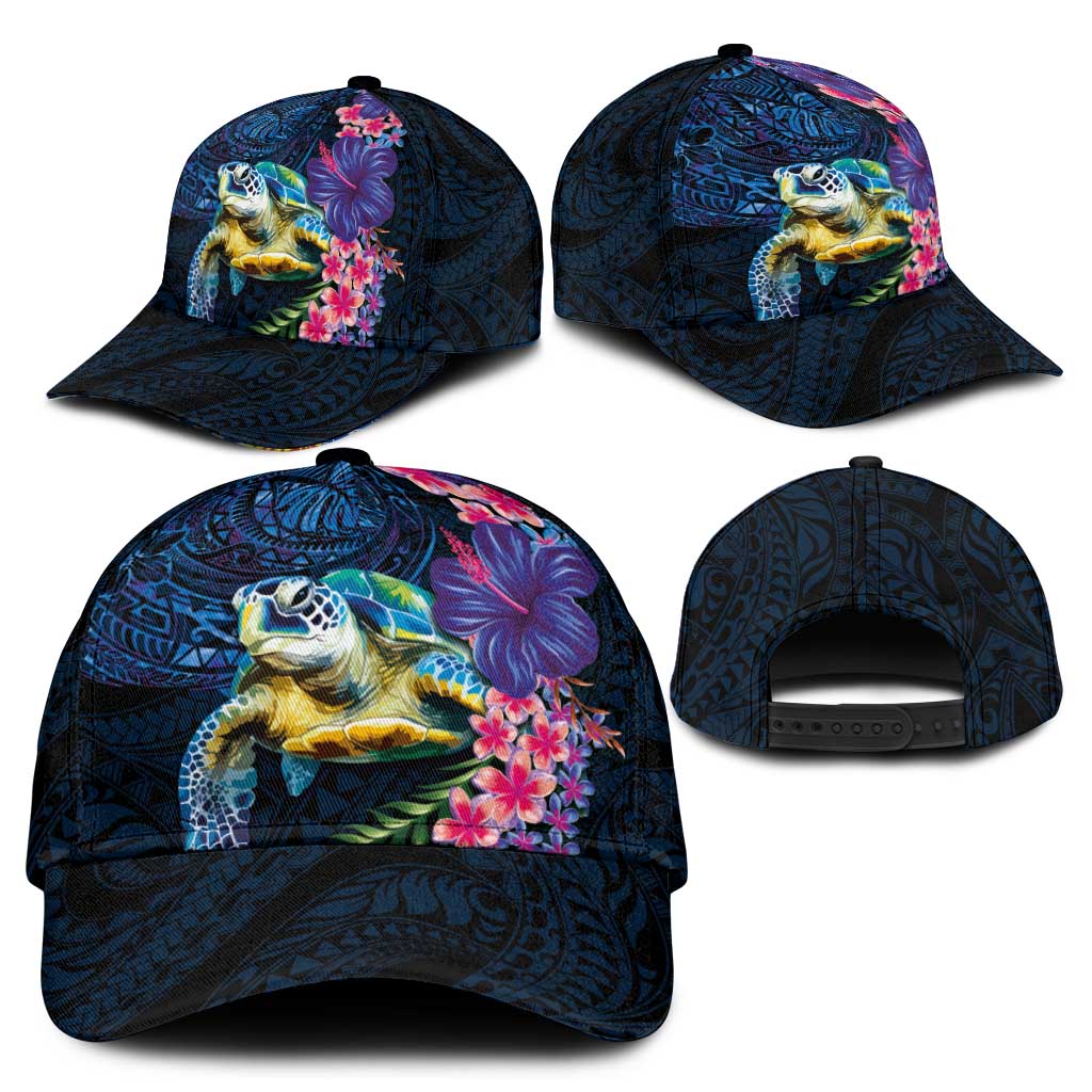 Hawaiian Plumeria and Hibiscus with Turtles Classic Cap Polynesian Art Dark Cyan Color - Polynesian Pride