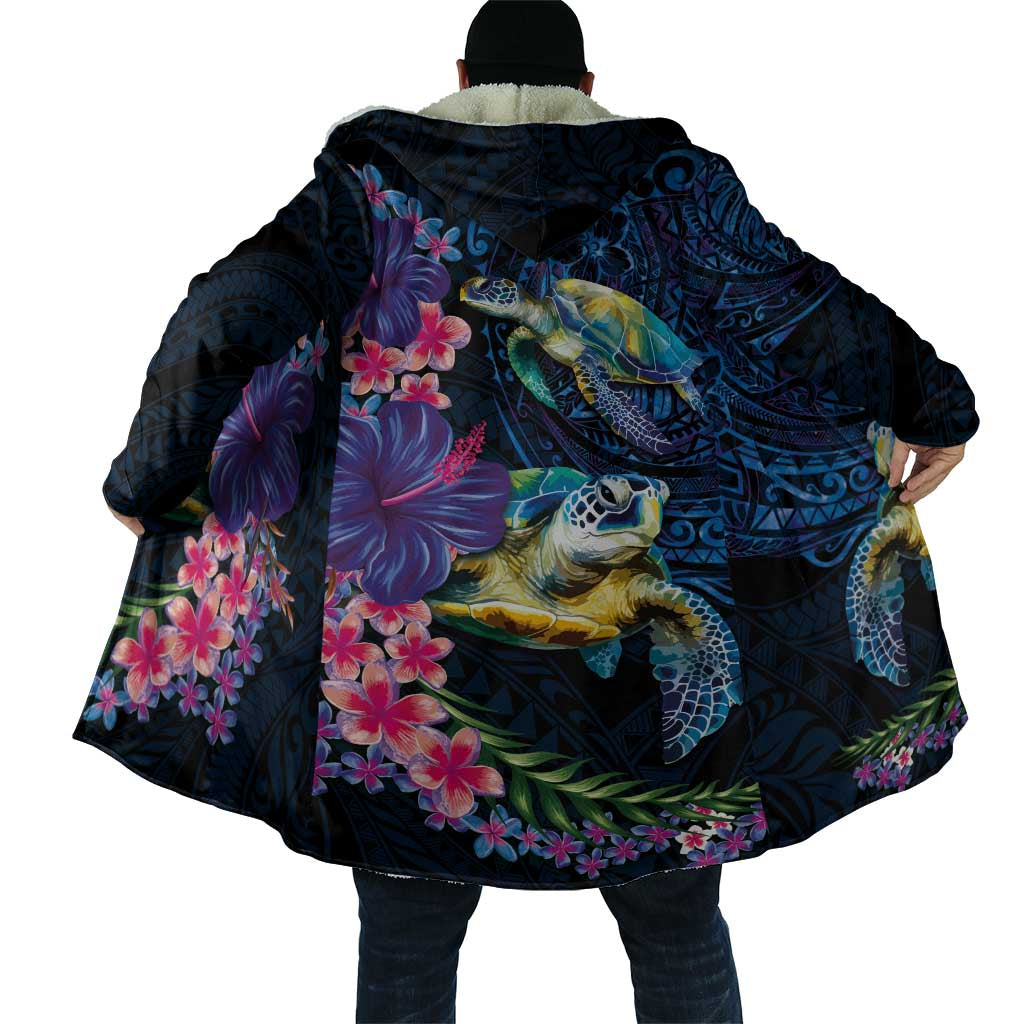 Hawaiian Plumeria and Hibiscus with Turtles Cloak Polynesian Art Dark Cyan Color - Polynesian Pride