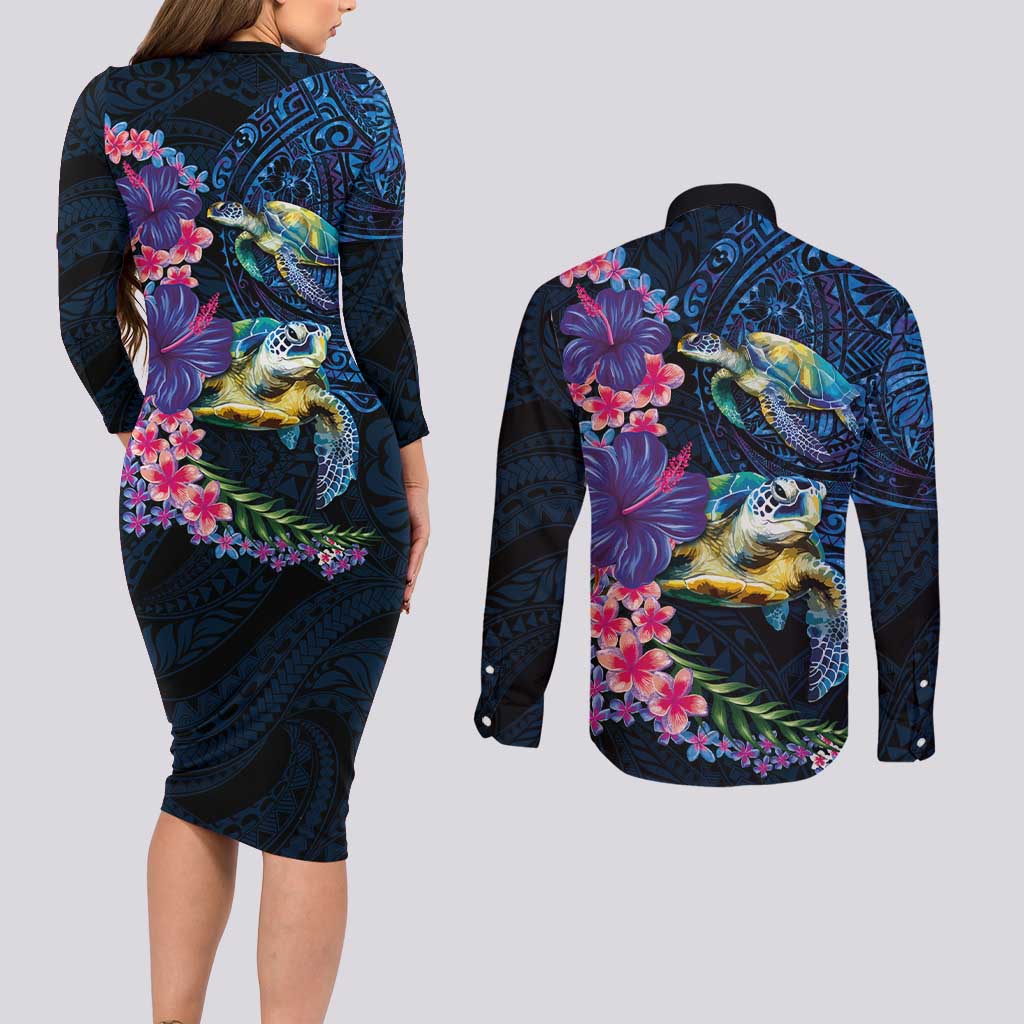 Hawaiian Plumeria and Hibiscus with Turtles Couples Matching Long Sleeve Bodycon Dress and Long Sleeve Button Shirt Polynesian Art Dark Cyan Color - Polynesian Pride