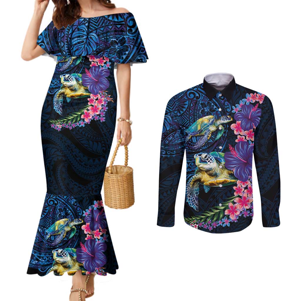 Hawaiian Plumeria and Hibiscus with Turtles Couples Matching Mermaid Dress and Long Sleeve Button Shirt Polynesian Art Dark Cyan Color - Polynesian Pride