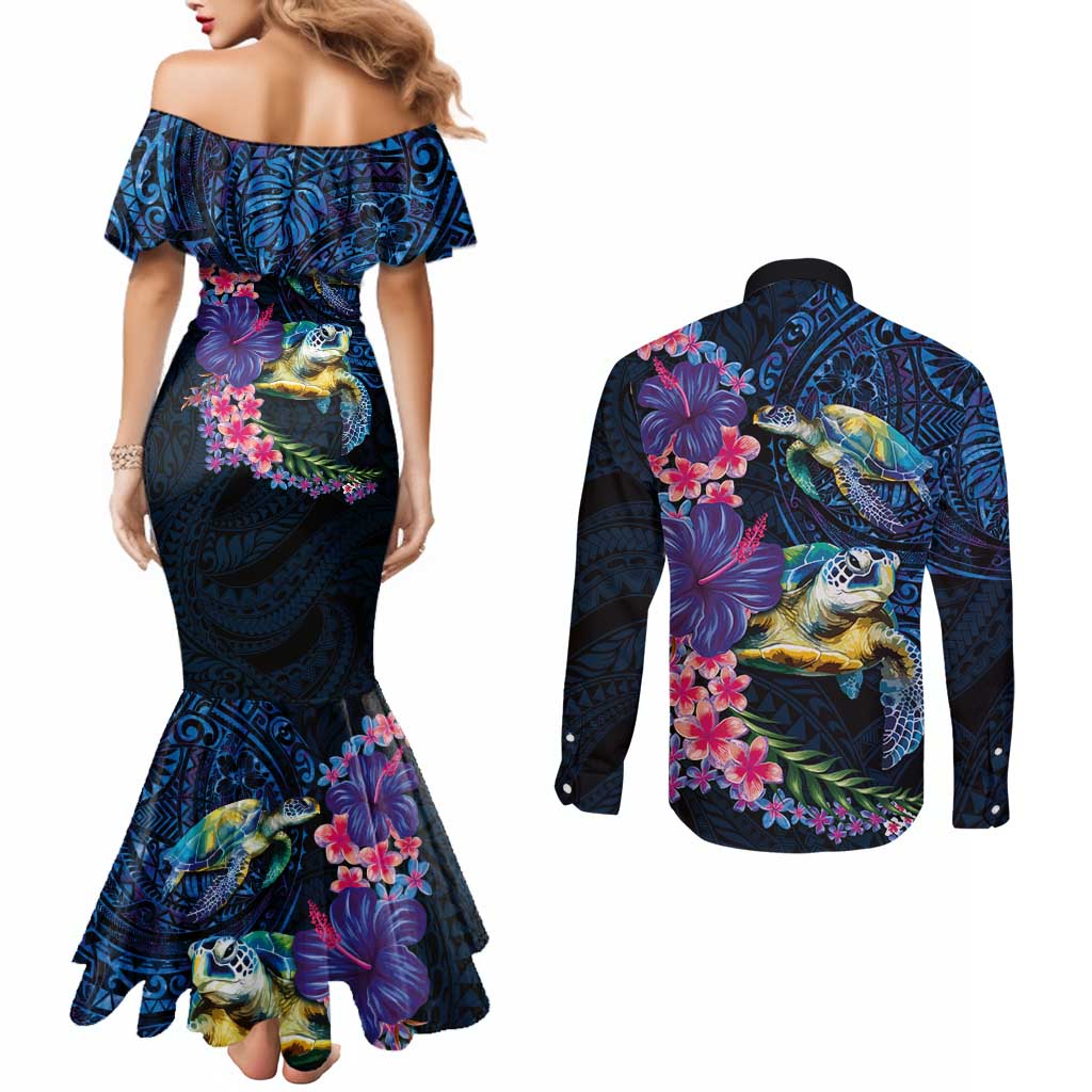 Hawaiian Plumeria and Hibiscus with Turtles Couples Matching Mermaid Dress and Long Sleeve Button Shirt Polynesian Art Dark Cyan Color - Polynesian Pride