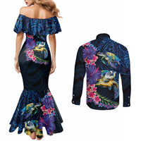 Hawaiian Plumeria and Hibiscus with Turtles Couples Matching Mermaid Dress and Long Sleeve Button Shirt Polynesian Art Dark Cyan Color - Polynesian Pride