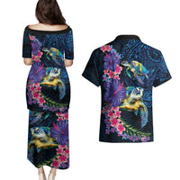 Hawaiian Plumeria and Hibiscus with Turtles Couples Matching Puletasi and Hawaiian Shirt Polynesian Art Dark Cyan Color - Polynesian Pride