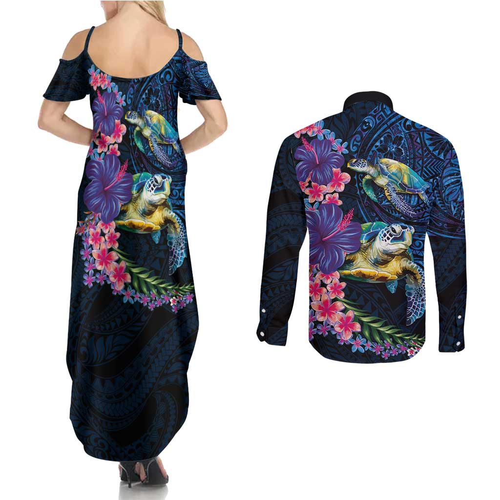 Hawaiian Plumeria and Hibiscus with Turtles Couples Matching Summer Maxi Dress and Long Sleeve Button Shirt Polynesian Art Dark Cyan Color - Polynesian Pride