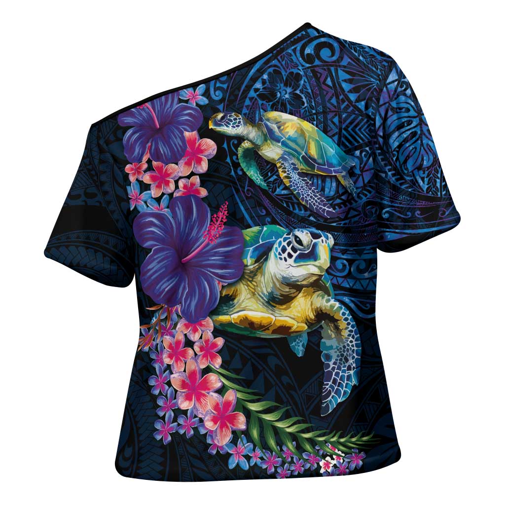 Hawaiian Plumeria and Hibiscus with Turtles Cross Shoulder Shirt Polynesian Art Dark Cyan Color - Polynesian Pride