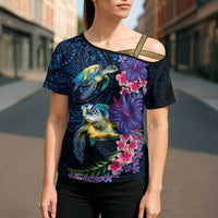 Hawaiian Plumeria and Hibiscus with Turtles Cross Shoulder Shirt Polynesian Art Dark Cyan Color - Polynesian Pride