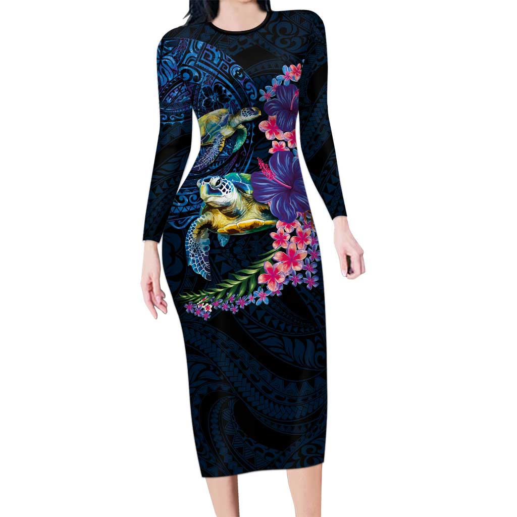 Hawaiian Plumeria and Hibiscus with Turtles Family Matching Long Sleeve Bodycon Dress and Hawaiian Shirt Polynesian Art Dark Cyan Color - Polynesian Pride