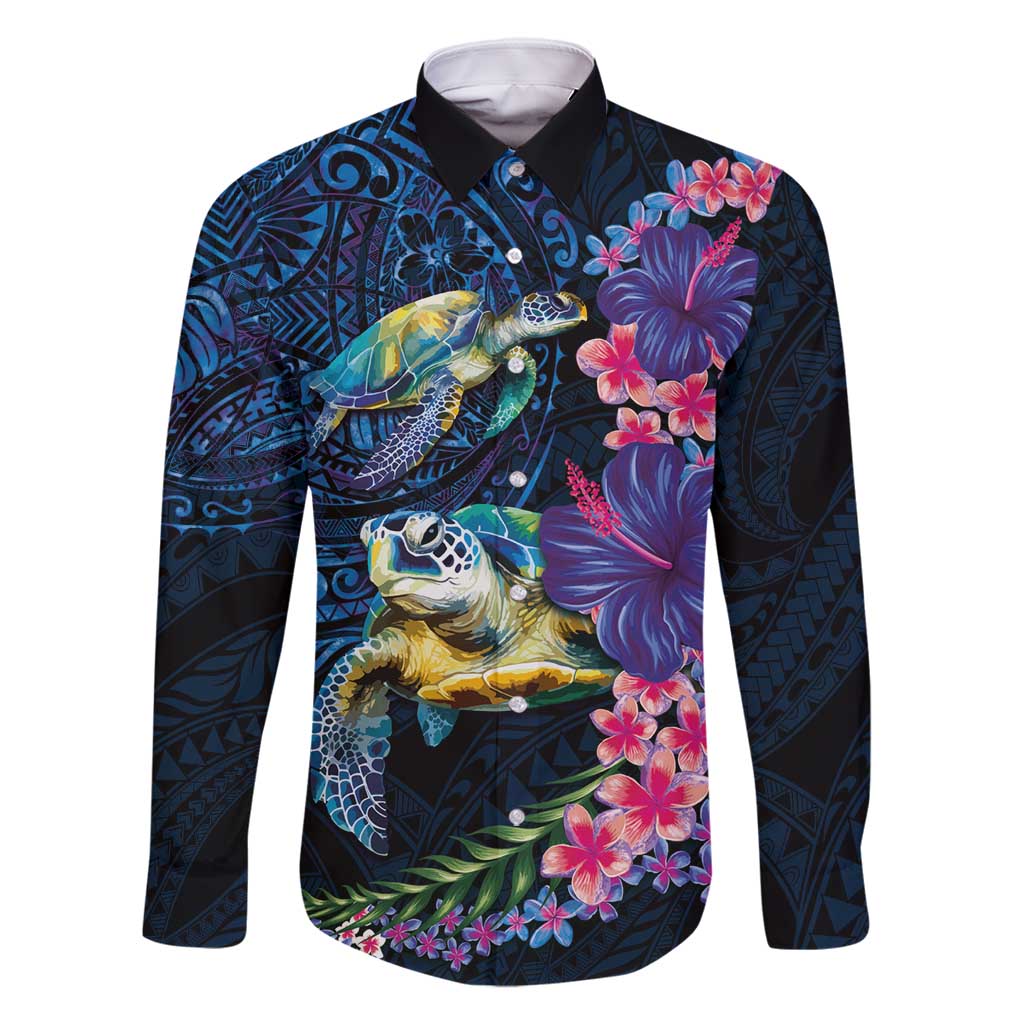 Hawaiian Plumeria and Hibiscus with Turtles Family Matching Mermaid Dress and Hawaiian Shirt Polynesian Art Dark Cyan Color - Polynesian Pride