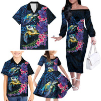 Hawaiian Plumeria and Hibiscus with Turtles Family Matching Off The Shoulder Long Sleeve Dress and Hawaiian Shirt Polynesian Art Dark Cyan Color - Polynesian Pride