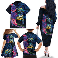 Hawaiian Plumeria and Hibiscus with Turtles Family Matching Off The Shoulder Long Sleeve Dress and Hawaiian Shirt Polynesian Art Dark Cyan Color - Polynesian Pride