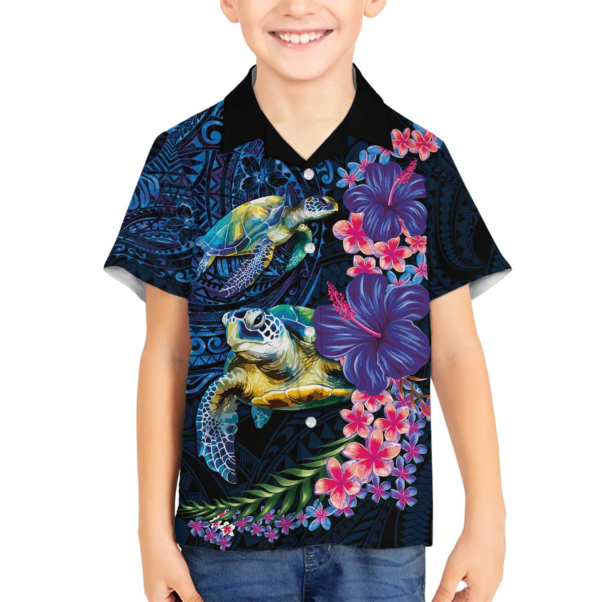 Hawaiian Plumeria and Hibiscus with Turtles Family Matching Off The Shoulder Long Sleeve Dress and Hawaiian Shirt Polynesian Art Dark Cyan Color - Polynesian Pride