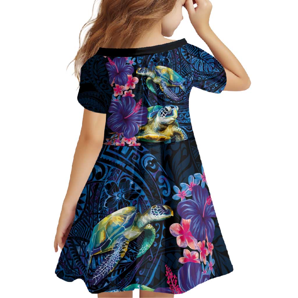 Hawaiian Plumeria and Hibiscus with Turtles Family Matching Off Shoulder Maxi Dress and Hawaiian Shirt Polynesian Art Dark Cyan Color - Polynesian Pride