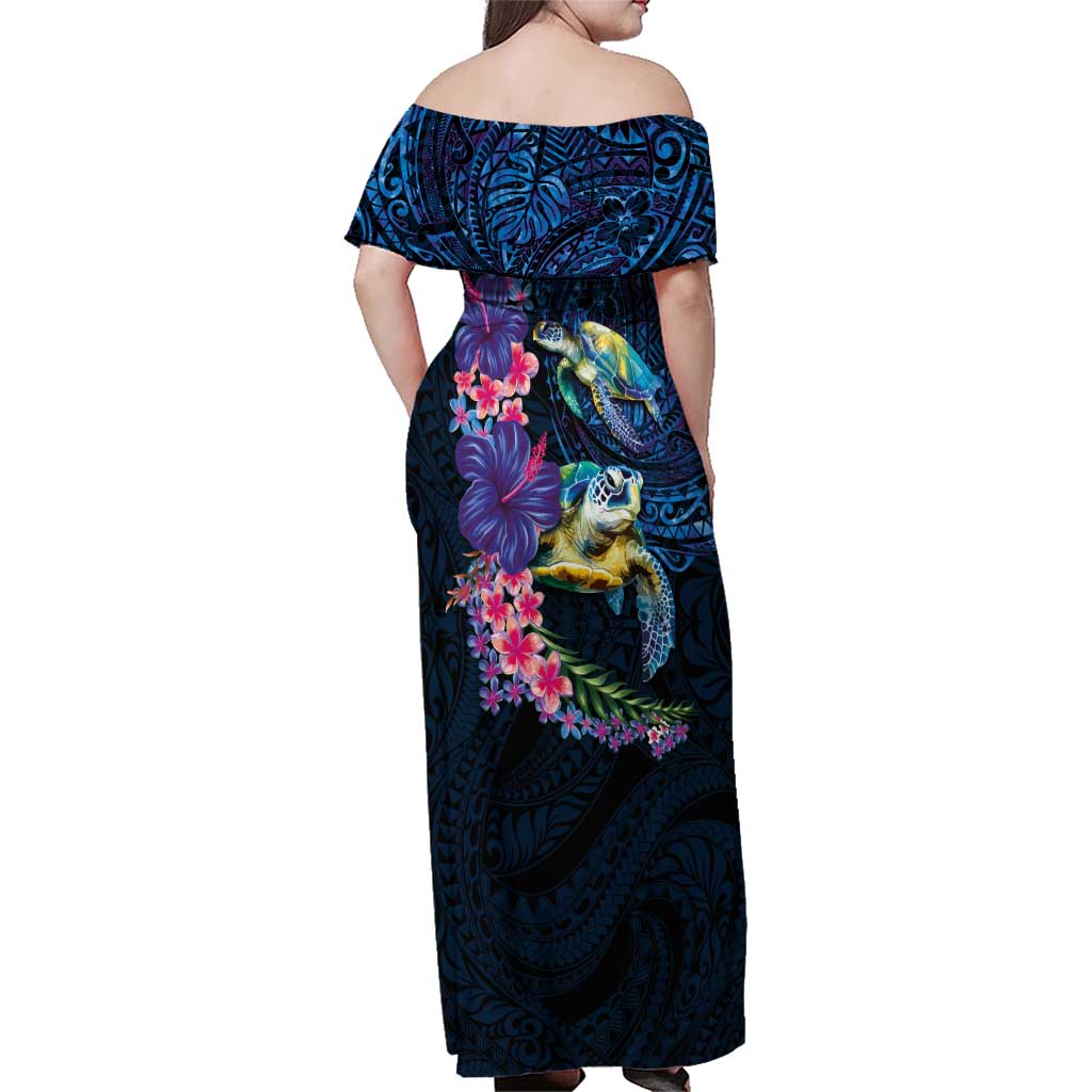 Hawaiian Plumeria and Hibiscus with Turtles Family Matching Off Shoulder Maxi Dress and Hawaiian Shirt Polynesian Art Dark Cyan Color - Polynesian Pride