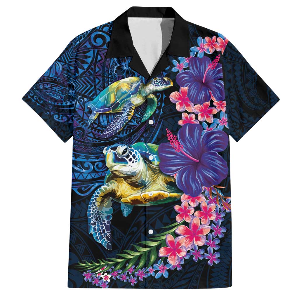 Hawaiian Plumeria and Hibiscus with Turtles Family Matching Puletasi and Hawaiian Shirt Polynesian Art Dark Cyan Color - Polynesian Pride