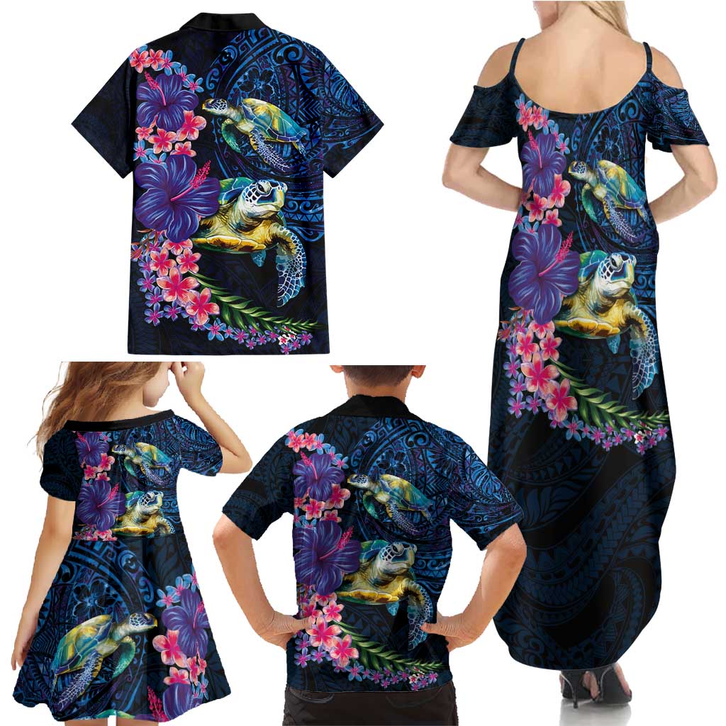 Hawaiian Plumeria and Hibiscus with Turtles Family Matching Summer Maxi Dress and Hawaiian Shirt Polynesian Art Dark Cyan Color - Polynesian Pride