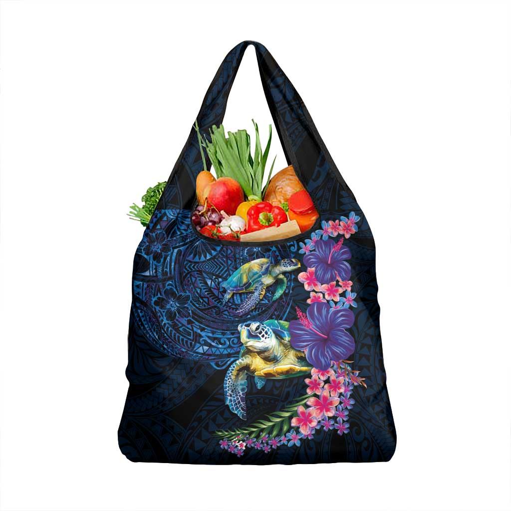 Hawaiian Plumeria and Hibiscus with Turtles Grocery Bag Polynesian Art Dark Cyan Color - Polynesian Pride