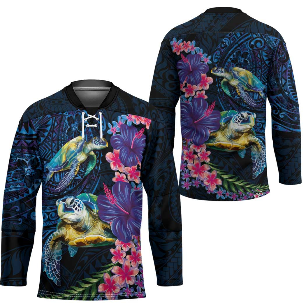 Hawaiian Plumeria and Hibiscus with Turtles Hockey Jersey Polynesian Art Dark Cyan Color - Polynesian Pride