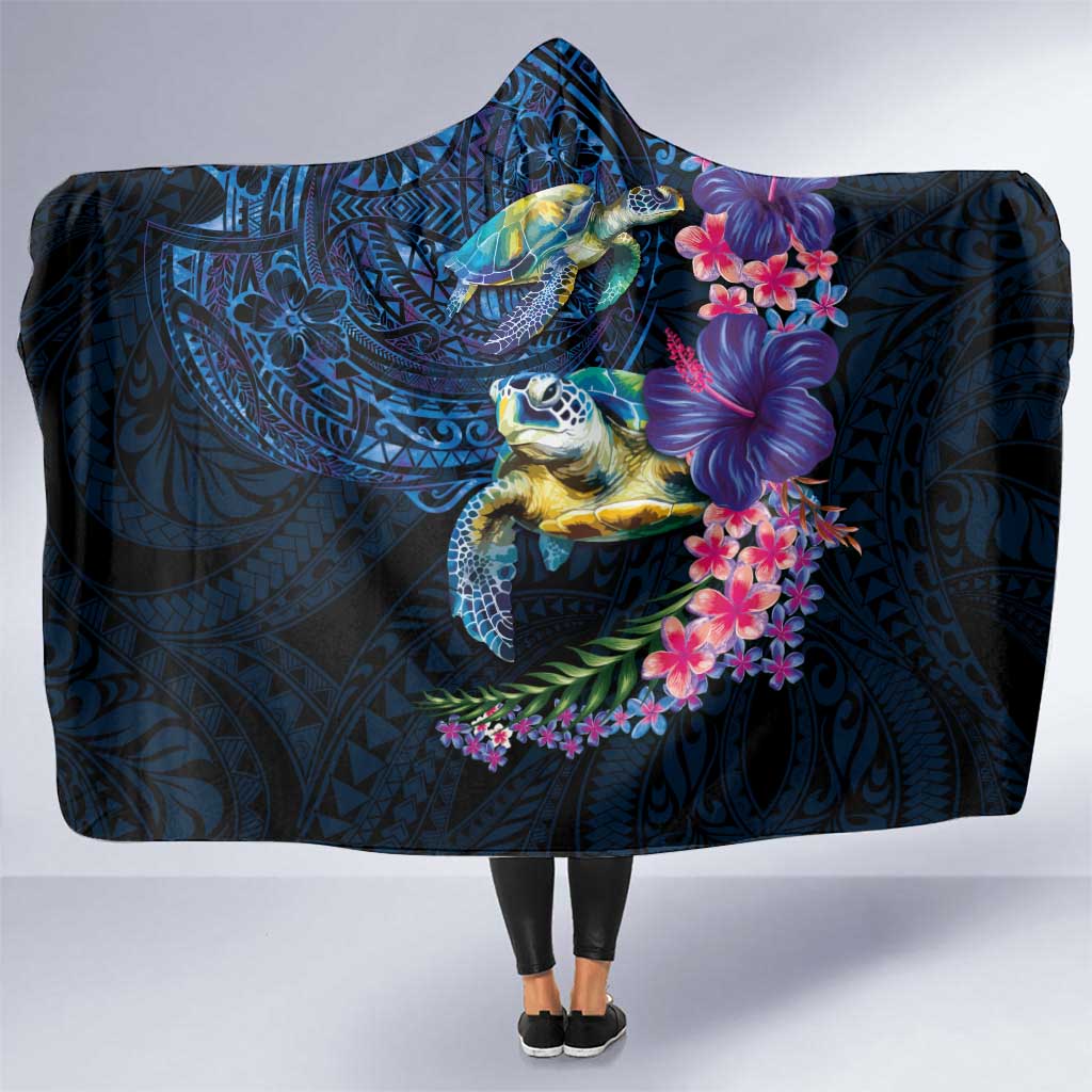 Hawaiian Plumeria and Hibiscus with Turtles Hooded Blanket Polynesian Art Dark Cyan Color - Polynesian Pride